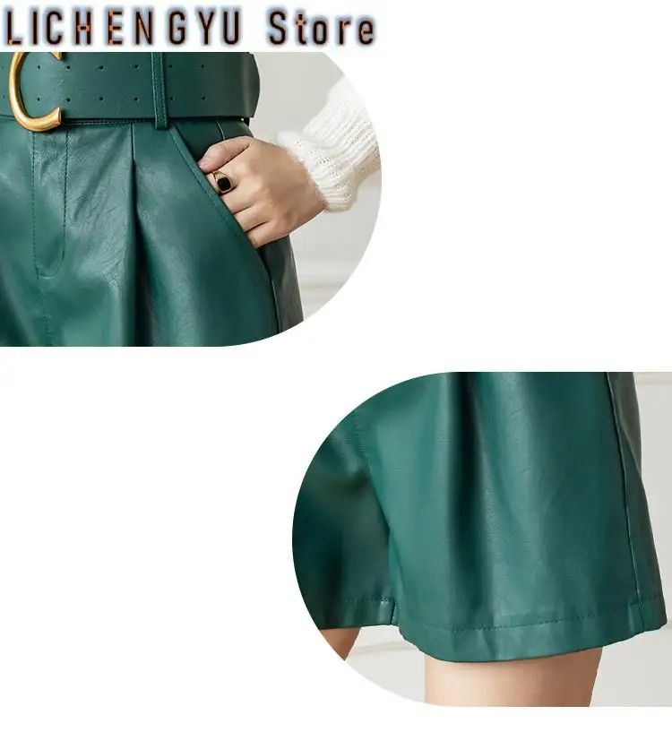 New Women's PU Leather Shorts With Belt Winter Stylish Pockets Ladies Elegant Solid Casual Shorts Trousers Female