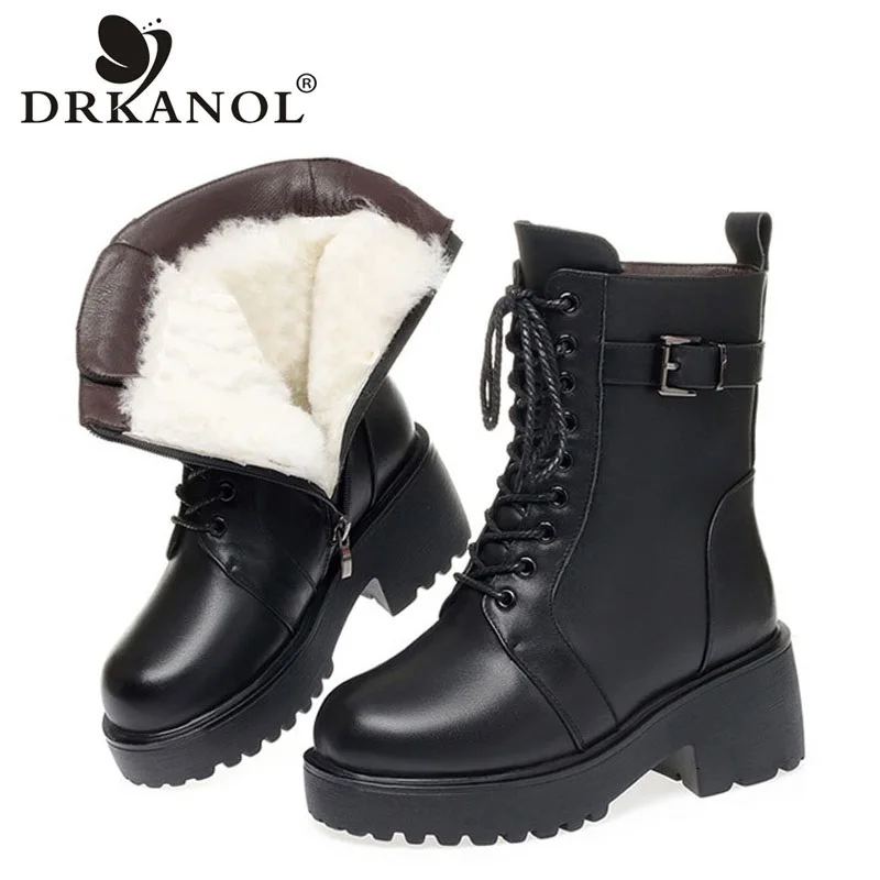 

DRKANOL Women Genuine Leather Platform Mid Calf Boots Winter Wool Warm Snow Boots Ladies Thick Heel Non-slip Shearling Boots