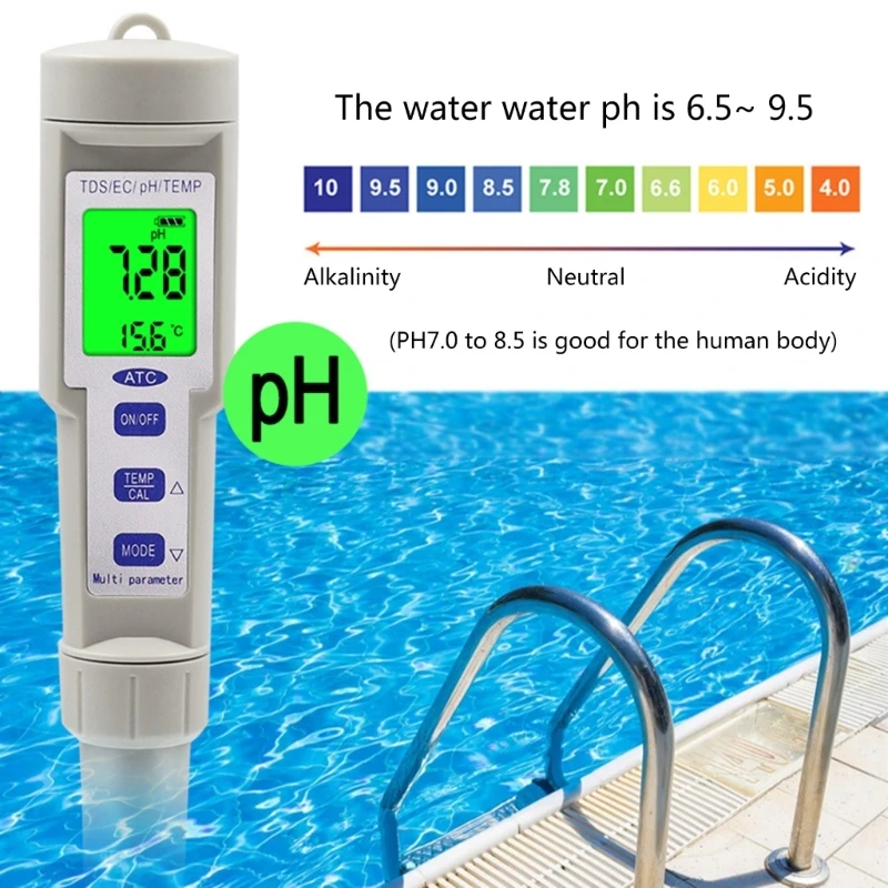 Professional 4 in 1 pH Meter Backlit LCDDisplay High Accuracy Digital Tester for Water & Versatile pH Meter