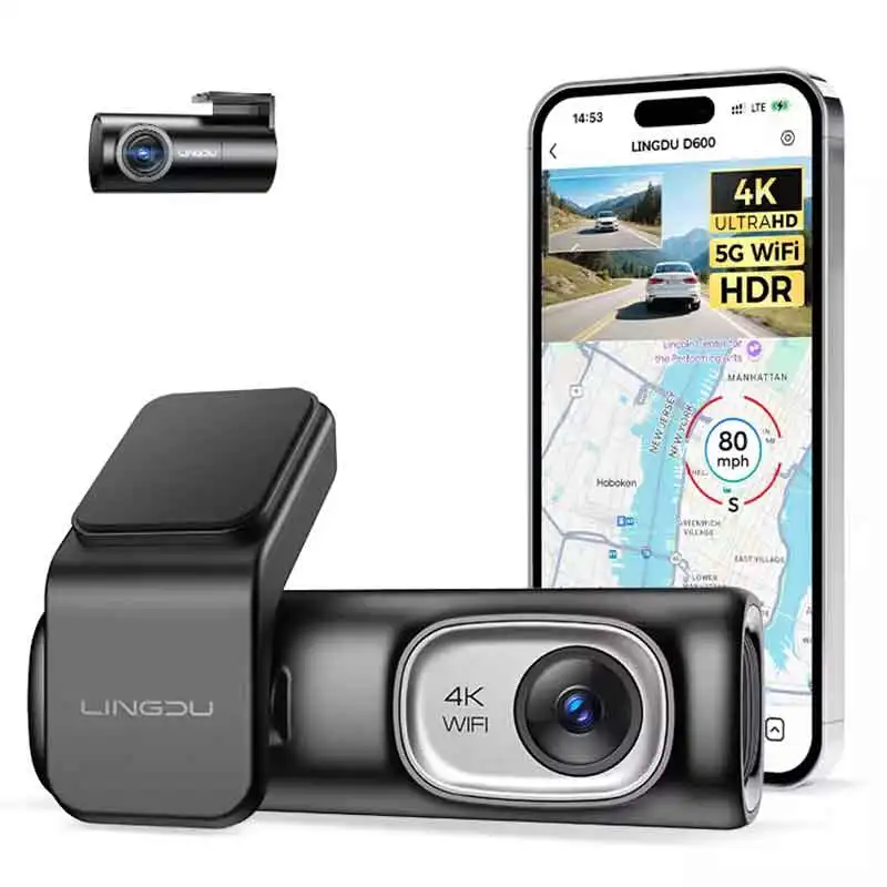 LINGDU D600 차량용 블랙박스 전후방 4K+1080P 내장 GPS WiFi 대시캠 24시간 주차 모니터링 슈퍼 나이트 비전 WDR