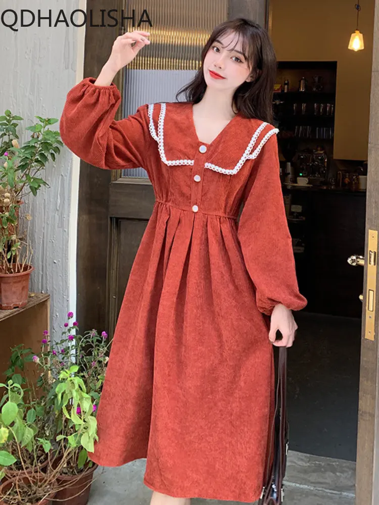 

2023Autumn Winter Corduroy Red And Black Vintage Dress Doll Collar High Waist Slim Women's Maxi Dresses For Women Korean Version
