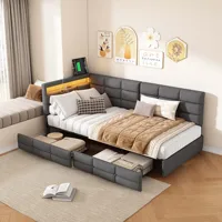 Rosahqnda Lit enfant 90x200cm, lit rembourré avec USB et lumière LED, canapé-lit simple avec 2 tiroirs, tissu en lin, sans matelas 5