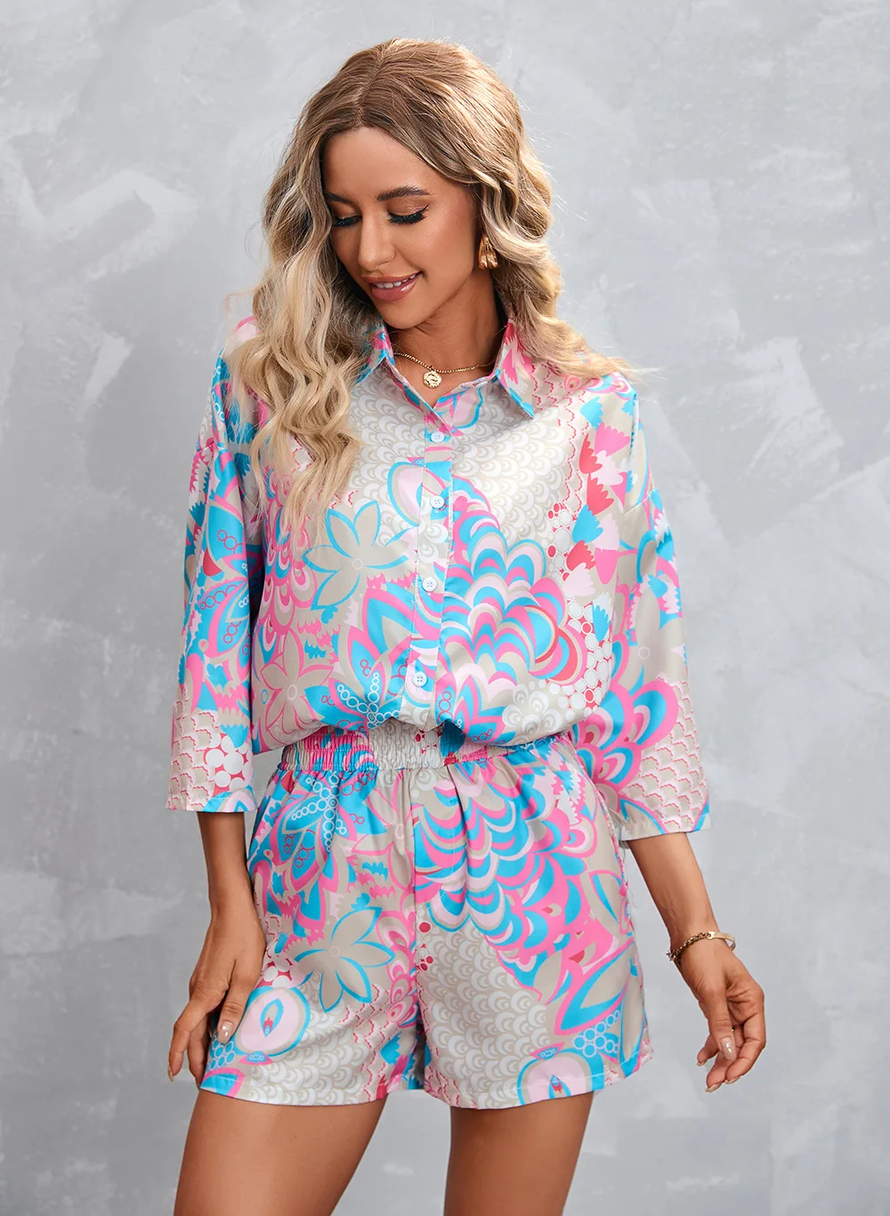 2023 Summer Fashion Chic Print Two Piece Sets For Women Single Breasted Three-quarter Sleeve Shorts Sets Streetwear Outfits elegant fashion england style chic sweet capable aesthetic kawaii vintage grace dress three quarter sleeves vestidos