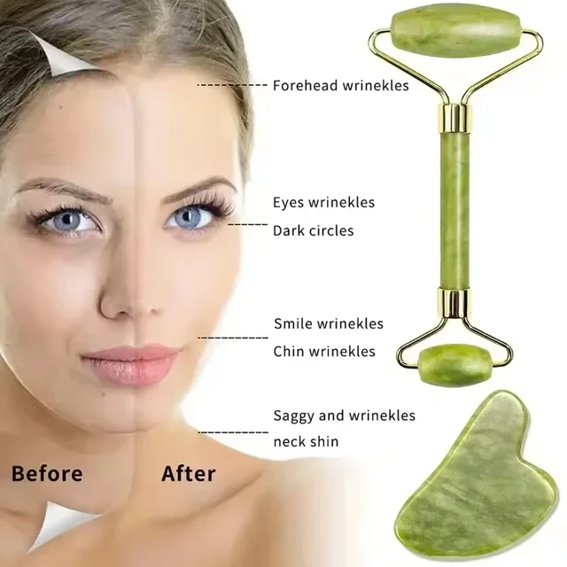 2pc Natural Jade Roller Face Gua Sha Massage Natural Stone Body Neck Massager Acupoint Eye Care Spa Tools Massage Visage Lifting 3