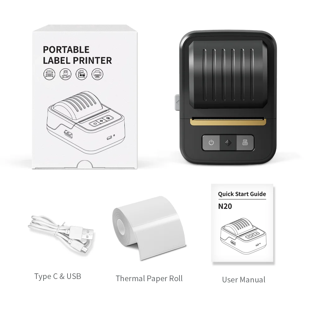 2-inch Portable Thermal Label Printer Bluetooth Barcode Sticker Printer Adhesive Label Maker or Color Cable Transparent Paper