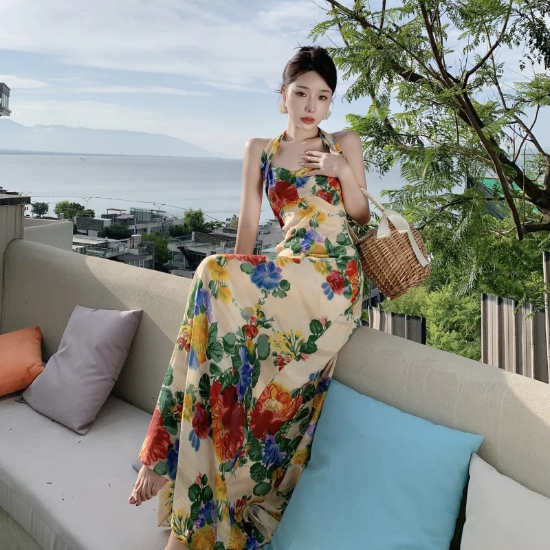

Women Vintage Suspender Dress Backless Sexy Hanging Dress French Elegant Fashion Floral Dress 2024 New Summer Female's Clothing