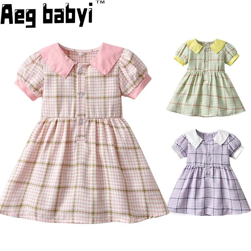 

Baby Girl Dresses Girls Plaid Puff Short Sleeve Cute Dress Korean Fashion Cotton Princess Dress New Summer Clothing 0-6Y