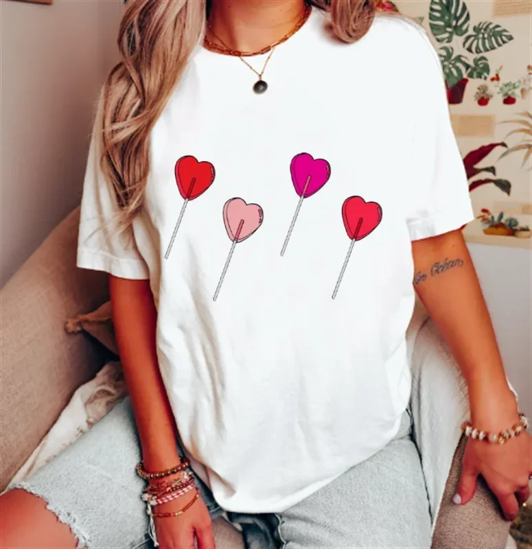 

Y2k летняя свободная футболка с коротким рукавом, топ на День святого Валентина, Модный женский топ с леопардовым принтом и сердечками, футболка с мультяшным принтом