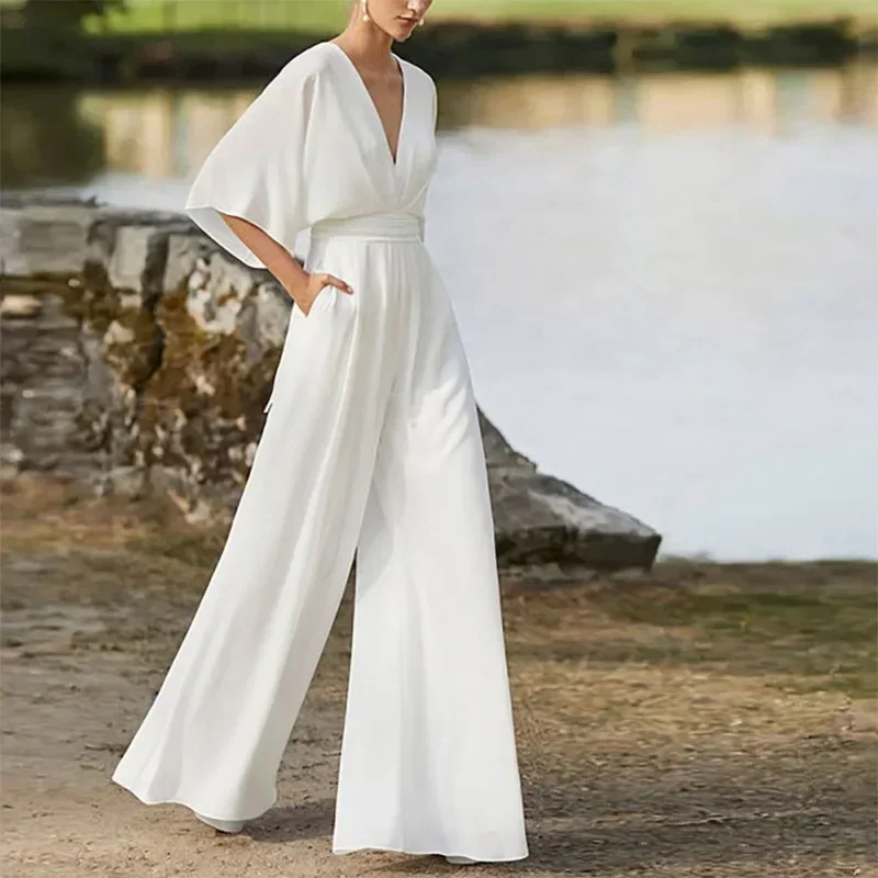 Jumpsuit Women Sexy Elegant V Neck Mid Waist Solid Pants Female Loose Wide Leg Trousers Overall Office Lady Prom Party