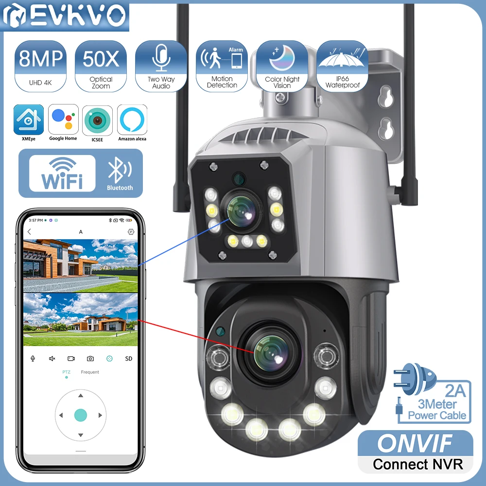 

EVKVO 4K 8MP Metal Dual Lens PTZ Wifi Camera Outdoor 50X Optical Zoom AI Human Detection 150M Night Vision IP Camera iCsee