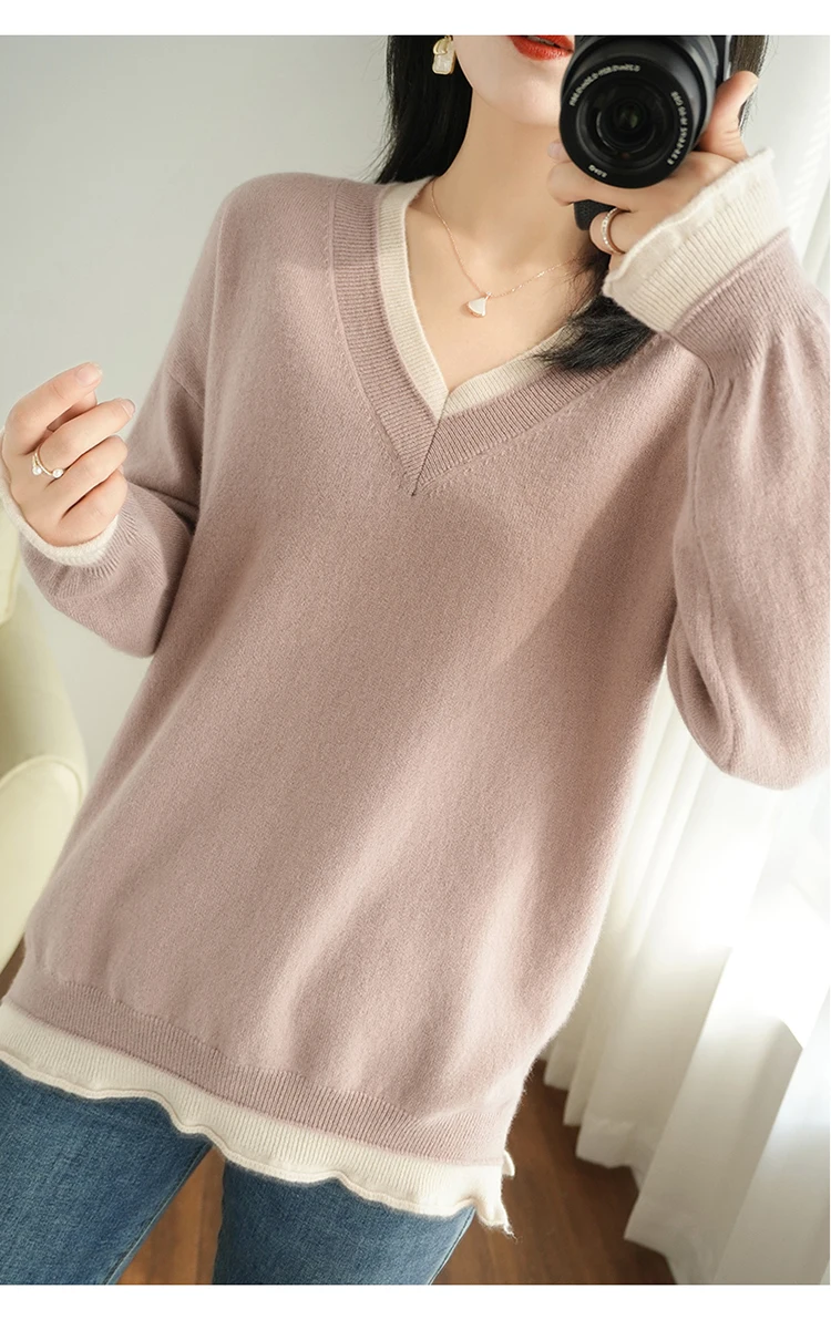 sweater for women 2022 Spring and Autumn New Cashmere Sweater Ladies V-neck Pullover Sweater Casual Loose Version Wool Knit Sweater green sweater