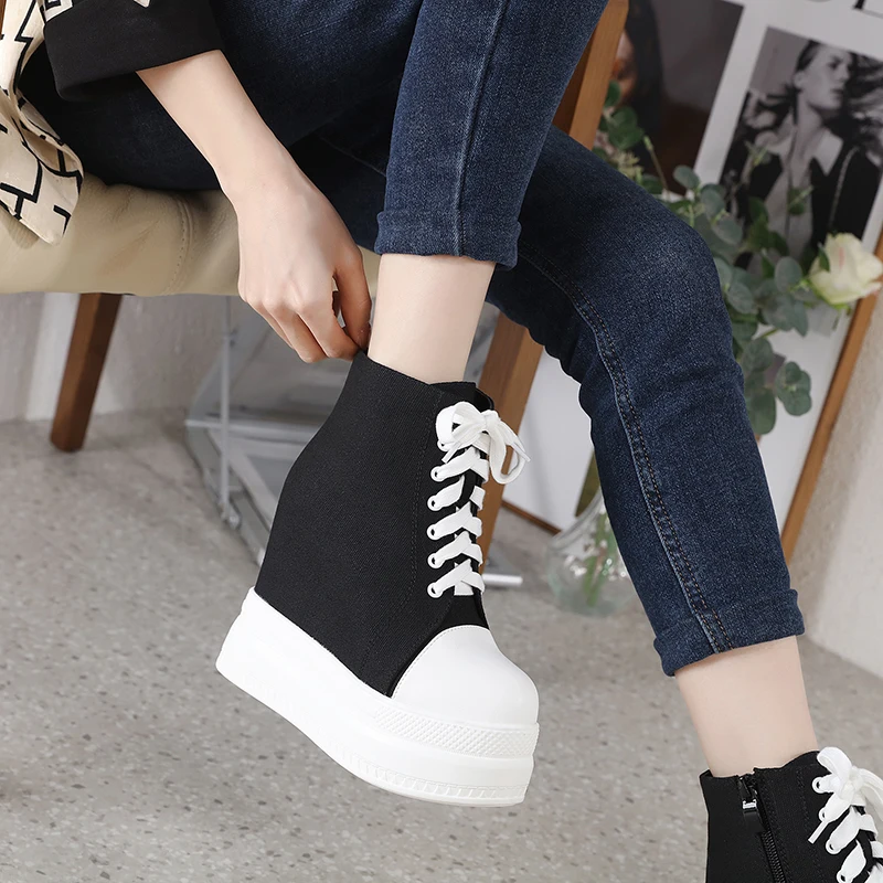 Canvas Shoes Girls Black Lace Up Pumps Women's High Top Sneakers
