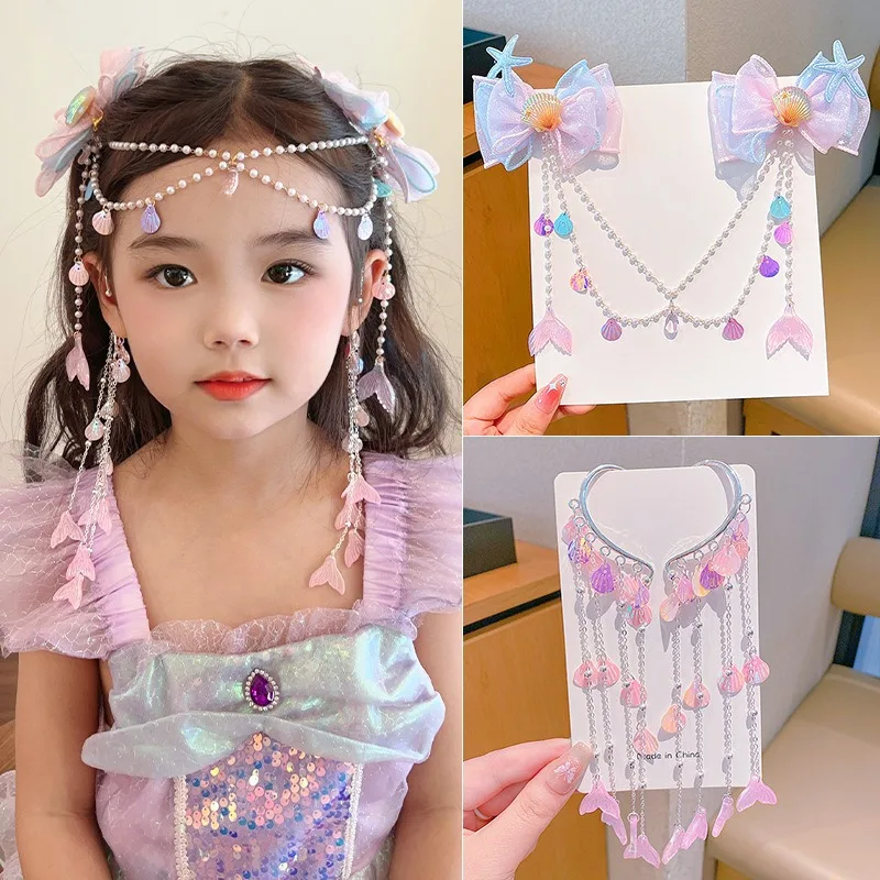 Baby Girls Cute Mermaid Princess Pearl Tassel Bow Forehead Chain Hair Clip