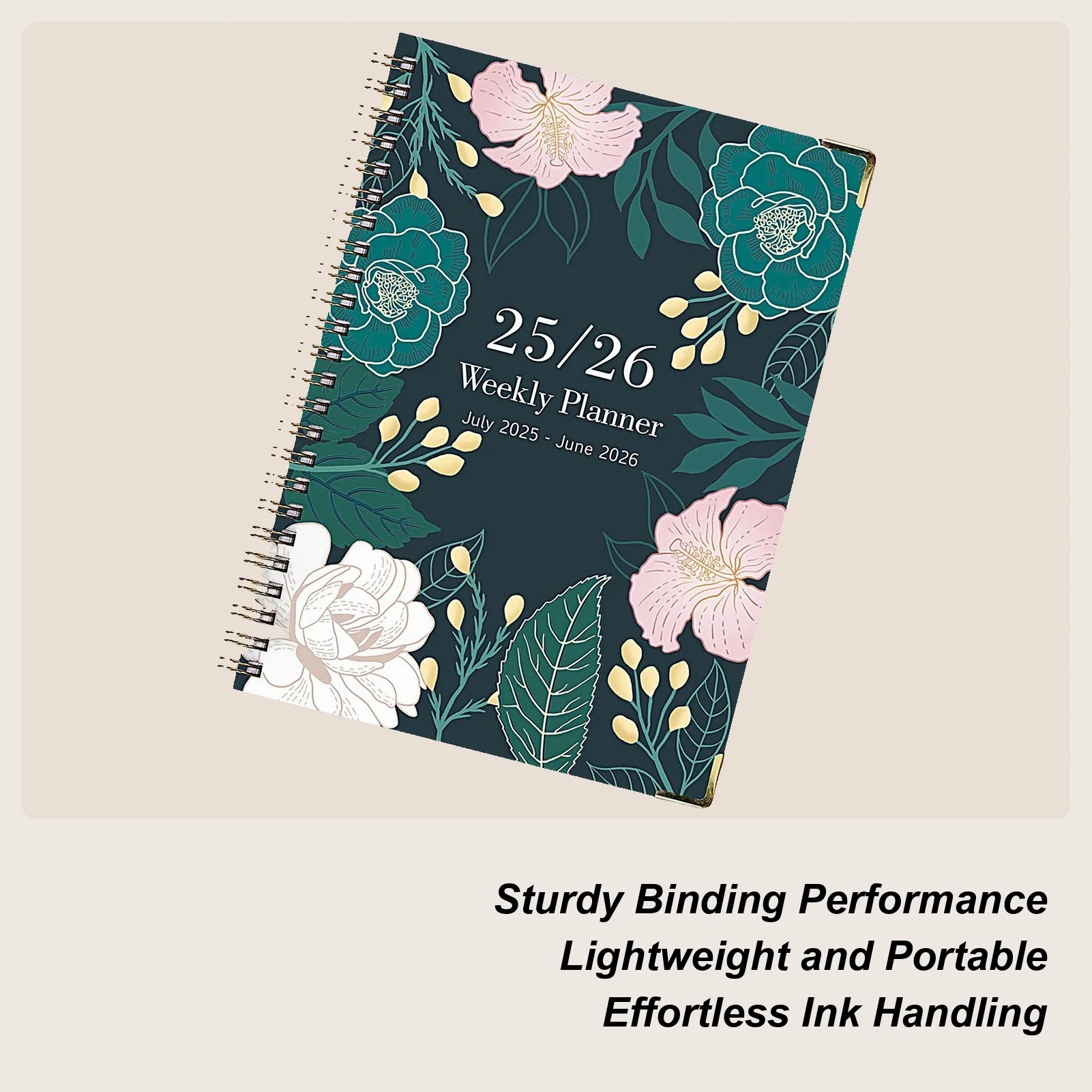 Ringed Notebook Coil Notebook A5 Thick Diary Floral Design English Notepad July 2025-June 2026 for Sketching Bullet Journaling