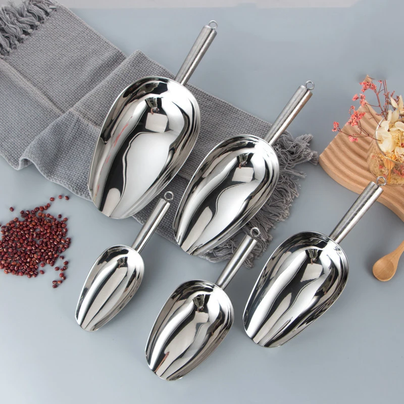 1Pcs Stainless Steel Ice Scoop Bar Pub Home Kitchen Ice Cubes Spice Sugar Flour Nut Scoop Kitchen Gadget Round Shovel, ice cube scoop