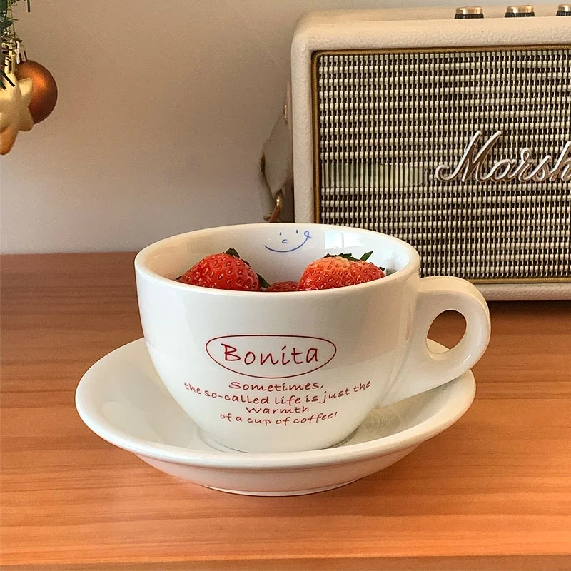 Korean 10 Ounce Coffee Cup and Saucer Set with Red French Letters Ceramic Glossy White