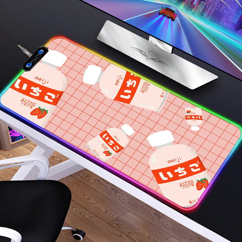 

Strawberry Milk Custom Cute Gaming Accessories Light Led Mouse Pad with Backlight 900x400mm Mousepad Anime Rgb Gamer Mats For Pc