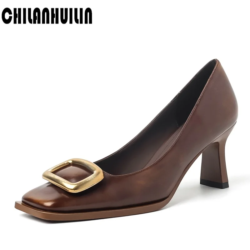 

lady basic shoes fashion metal buckle genuine leather high heel pumps women shoes square toe woman leather pumps party shoes