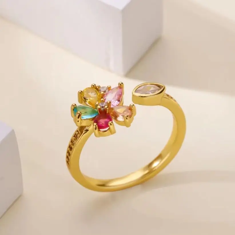 Zircon Flower Rings Women Gold Color Stainless Steel Adjustable Wedding