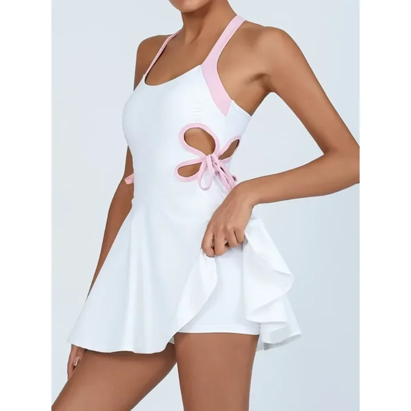 Tennis Dress Women with Separate Shorts White Contrast Hollowed Out Drawstring Side Sports Yoga Dress Training Running Fitness