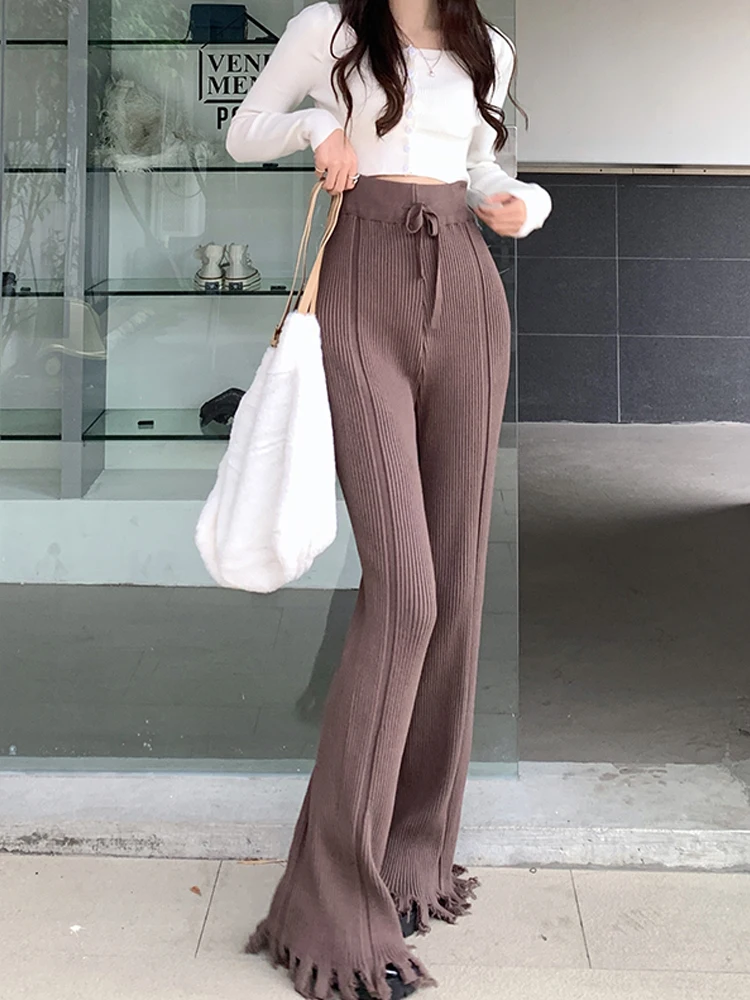 Knitted Tassel Cuff Wide Leg Pants Straight Casual High Waist Pants Keep Warm In Autumn Solid Loose Thick Cosy Woman Trousers