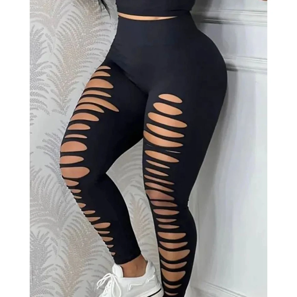 Summer Women Causal Ladder Cutout Tank Top & High Waist Pants Set New In Sleeveless Skinny Sexy Black Two Pieces Suit Sets 2023