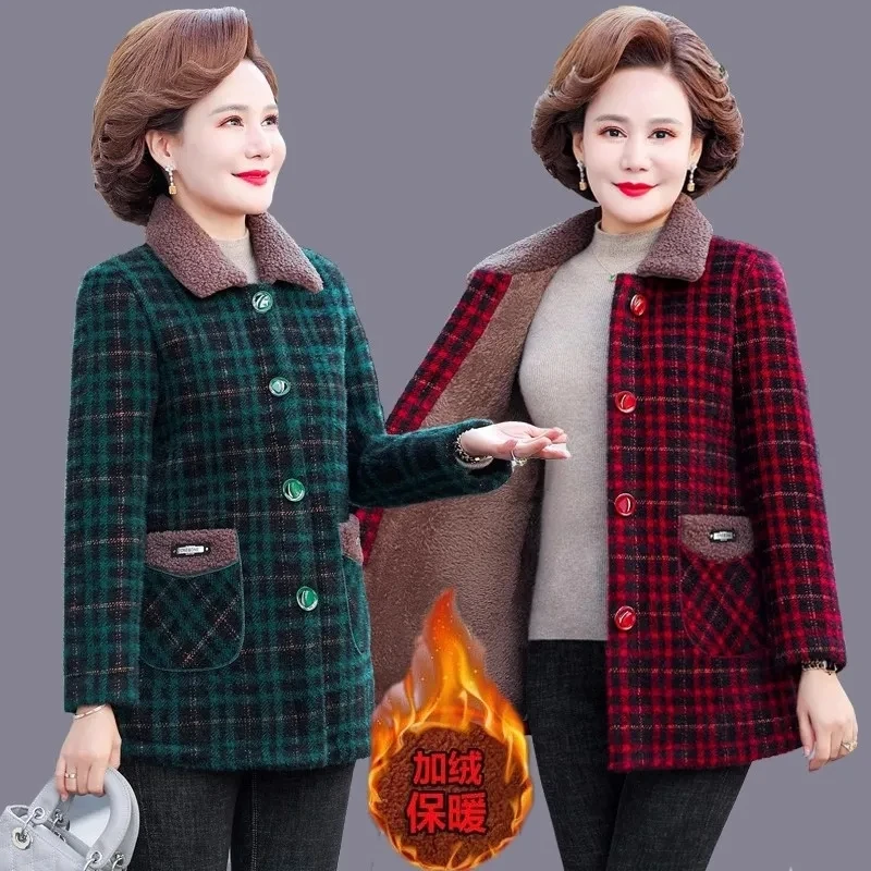 

Winter Middle Aged Mother's Imitation Mink Velvet Cotton Jacket Fashion Plaid Coat Elderly Women's Thicken Warm Woolen Overcoat