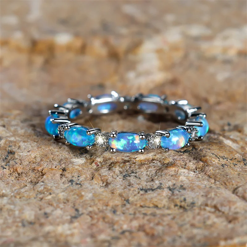 Boho Female Small Oval Stone Ring Fashion Rose Gold Silver Color Wedding Rings For Women Blue White Fire Opal Engagement Ring