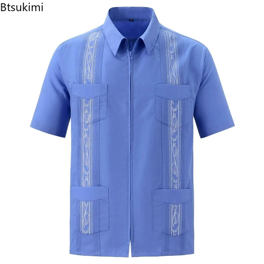 Zipper Men's Guayabera Shirts Clothing Four Pocket Embroidered Traditional Short Sleeve Shirts For Men Mexican Cuban casual short sleeved shirt short sleeved shirt