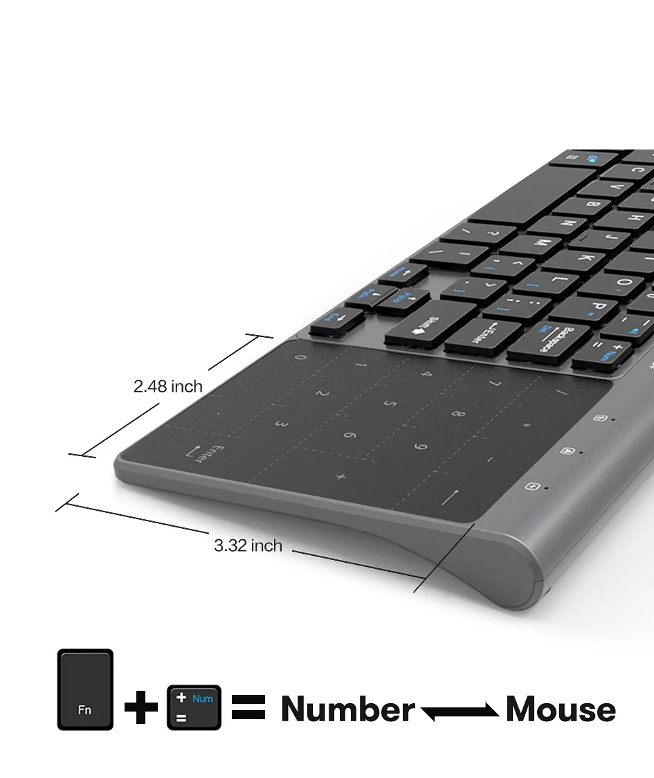 Slient Wireless Keyboard with Touchpad Numeric Bt 3.0 Keyboard Wireless for Tablet Laptop TV