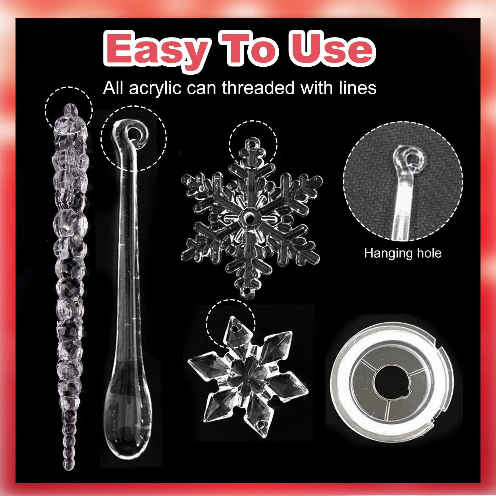 40pcs Christmas Tree Pendant Ornaments Acrylic Crystal Snowflake Icicles Decoration Kit for Xmas Winter New Year Party Decor