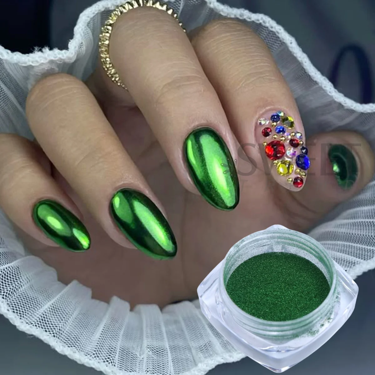 2Bottle Green Mirror Nail Art Glitter Gradient Y2K Summer Plant Effect Magic Metallic Chrome Pigment Powder Manicure Decor Flash