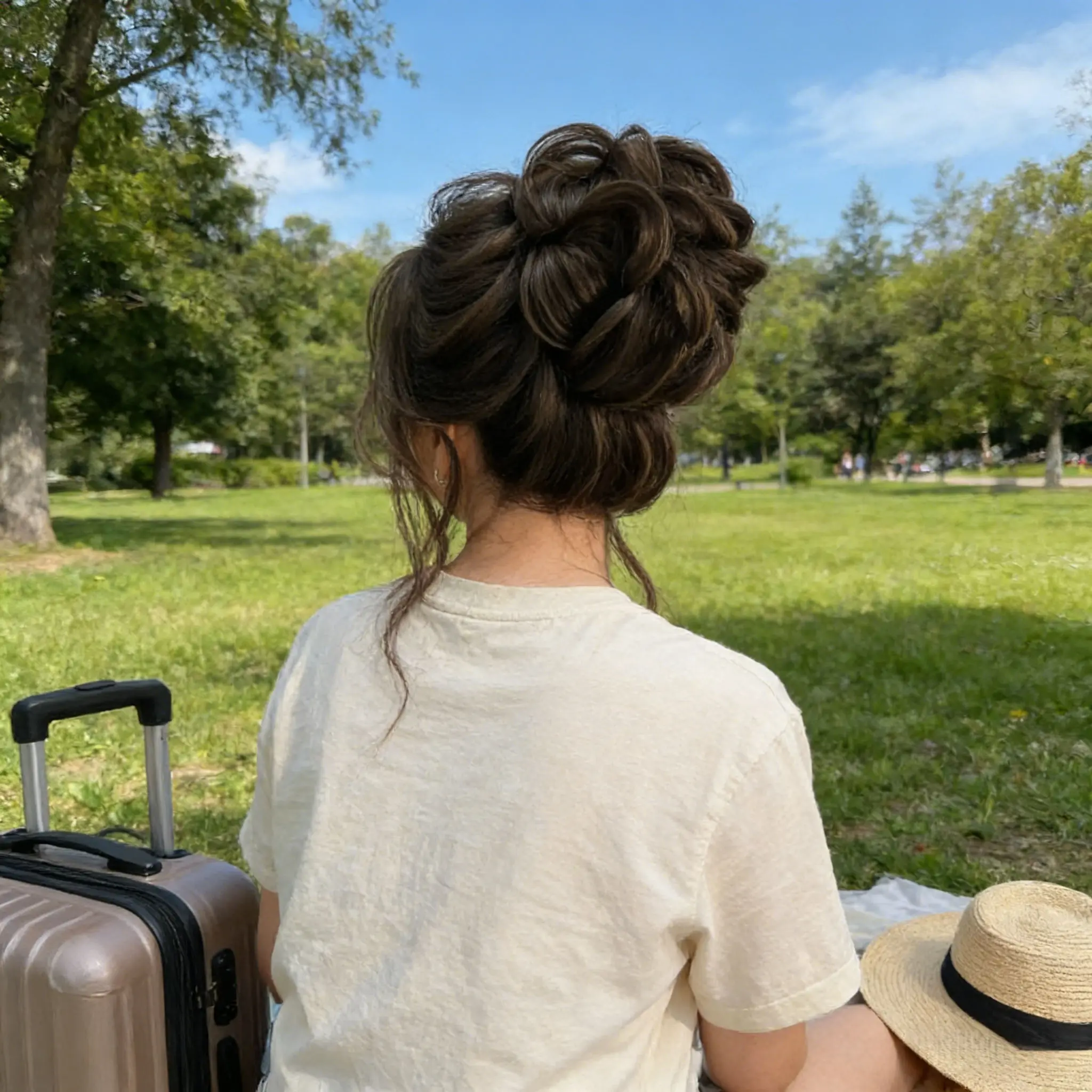합성 헤어, 보이지 않는 볼륨감 있는 헤어, 약간 곱슬거리는 스타일, 스타일리시한 업두, 다용도 번, 30초만에 세련된 헤어스타일 연출, 모든 일상 상황에 적합