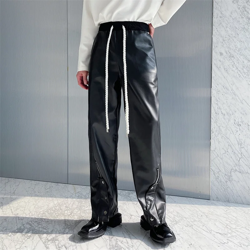Men PU Leather Pants Button Zipper Thick Rope Decoration Streetwear Windproof Straight Trousers Punk Trend Baggy Pantalon
