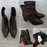 Brand Pu Black Ankle Boots 2025 Autumn French Retro Pointed Toe High Heel Chelsea Boots Metal Decoration Designer Short Booties - Image 5