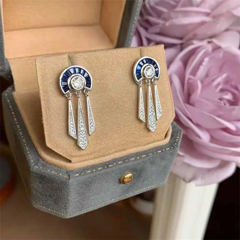 Creative Roman trapezoidal blue crystal tassel earrings for women light luxury trend retro style elegant earring jewelry