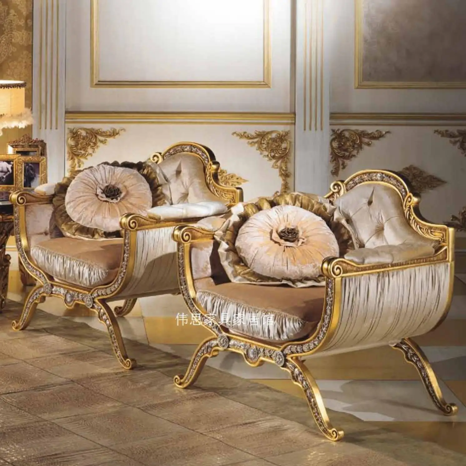 

Living room furniture European baroque luxury sets of heavy industry carved furniture champagne golden double sofa