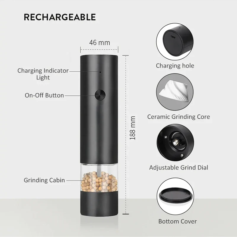 Type-c Rechargeable Electric Salt And Pepper Grinder 4 Level Convenient Recycled Coarseness Auto Spices Grinders Cooking Tool