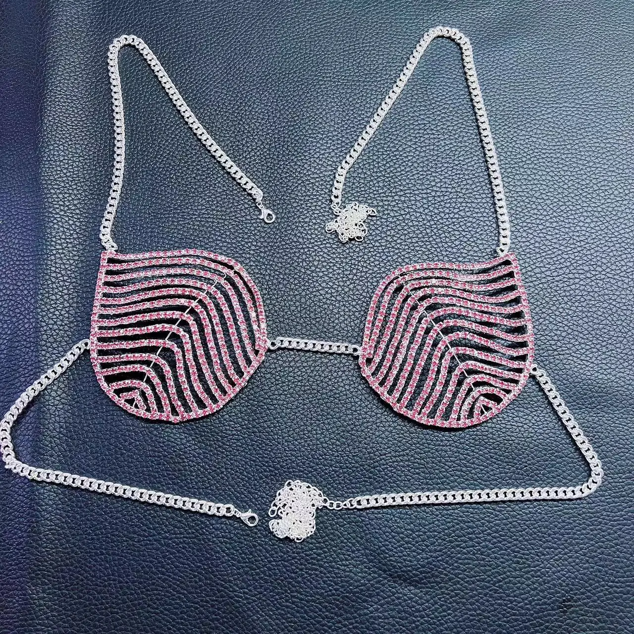 2022 fashion luxury Pink Rhinestone bra chain women's sexy underwear crystal bra layered corset nightclub tight sling underwear