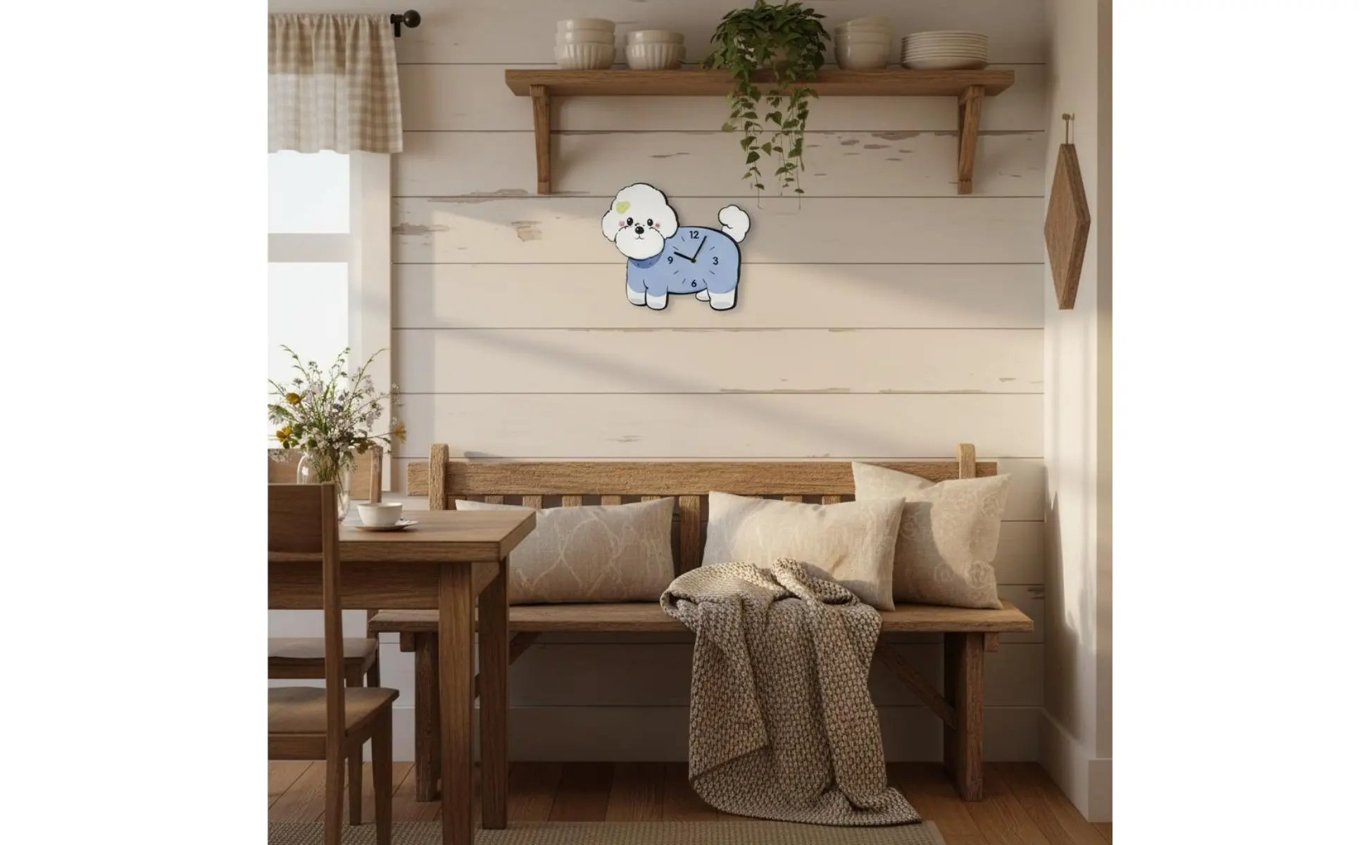 Bichon Frise Wall Clock Adorable Design Wagging Tail Dog Clock Distinctive Gift Easy Installation for Bedroom, Nursery