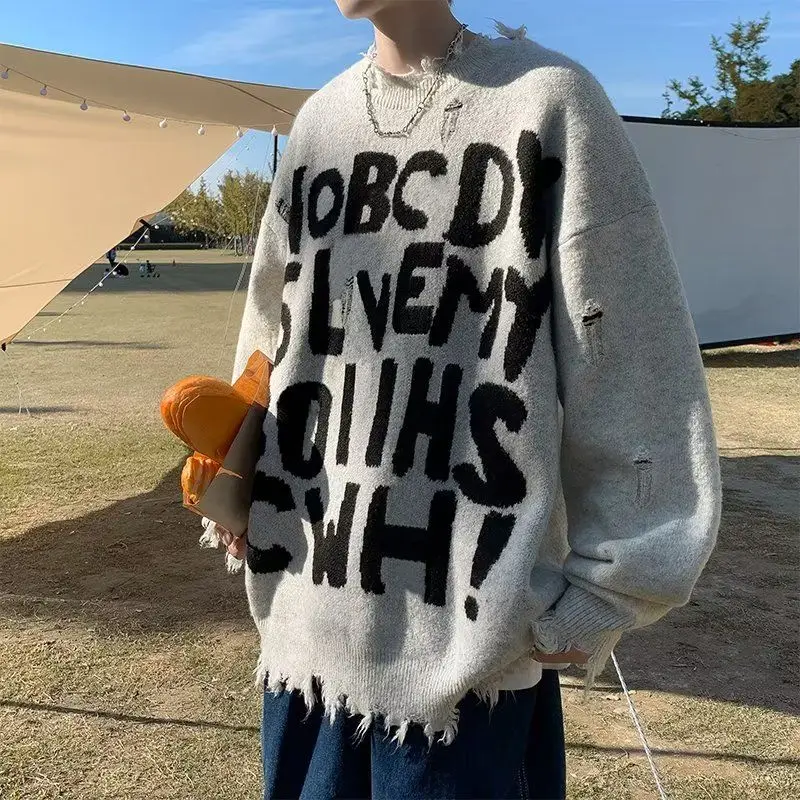 Fashion Knitted Hole Letter Tassel Irregular Sweaters Men's Clothing 2023 Autumn Winter Loose Casual Pullovers Asymmetrical Tops