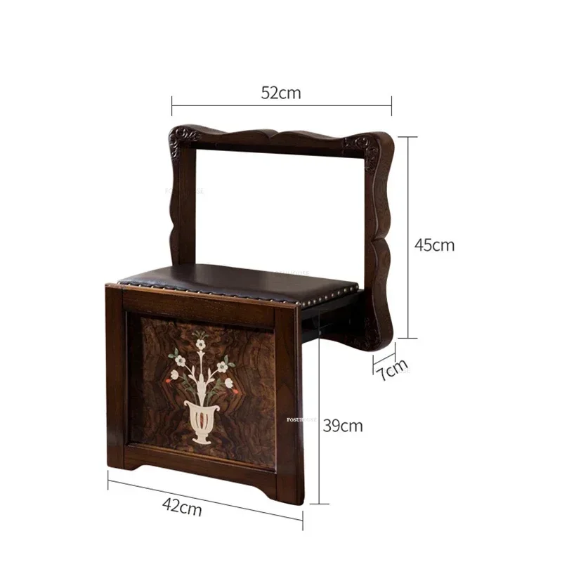 Creative Folding Bath Chair Wall-mounted Shower Seats American Retro Shoe Changing Stool Household Porch Solid Wood Carved Stool 6
