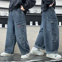ربيع الخريف الاطفال فضفاض مستقيم فضفاض البضائع الجينز مع جيب لصبي التصميم الكلاسيكي الأزرق الدنيم السراويل الأطفال بناطيل كاجوال 1