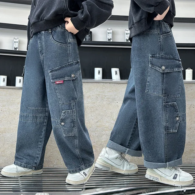 ربيع الخريف الاطفال فضفاض مستقيم فضفاض البضائع الجينز مع جيب لصبي التصميم الكلاسيكي الأزرق الدنيم السراويل الأطفال بناطيل كاجوال 1