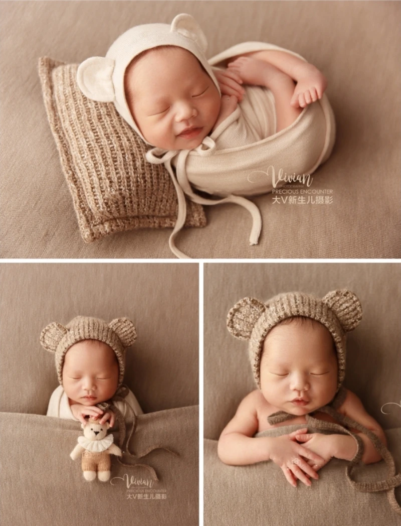 Newborn Baby Photography Props Cotton Soft Wrap Blanket Bear Hat Knitting Cute Doll Pillow Theme Set Studio Shooting Photo Props