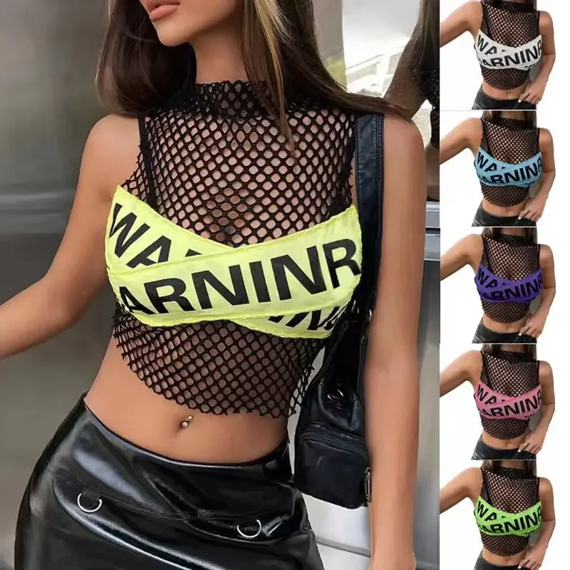 2024 Summer Fashionable Outer Wear Polyester Fiber Top Street Style Letter Color Blocking Hollow Out Net Yoke Women's Vest