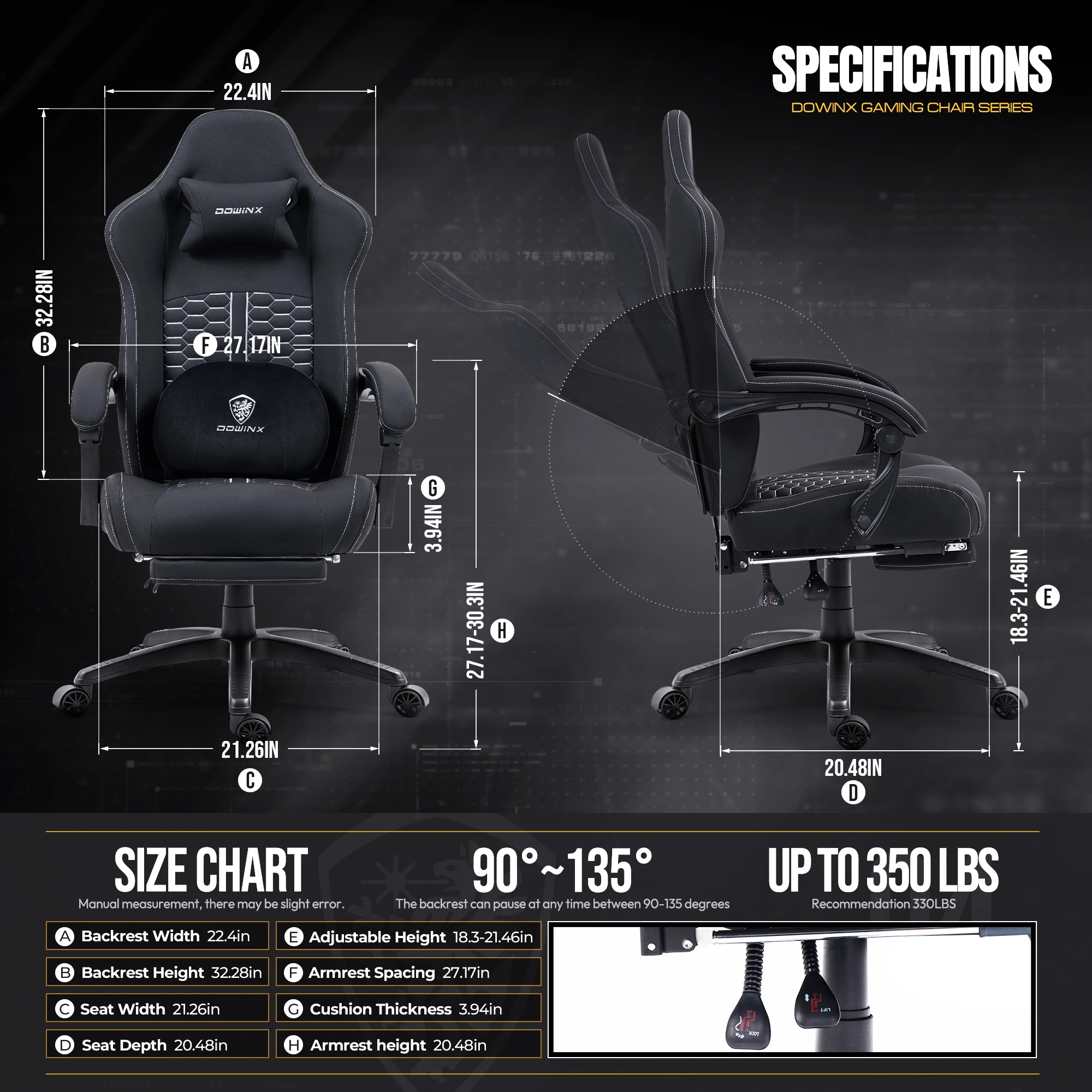 Dowinx Gaming Chair with Heated Massage Lumbar Support, Ergonomic Gaming Computer Chair with Pocket Spring Cushion and Footrest 6