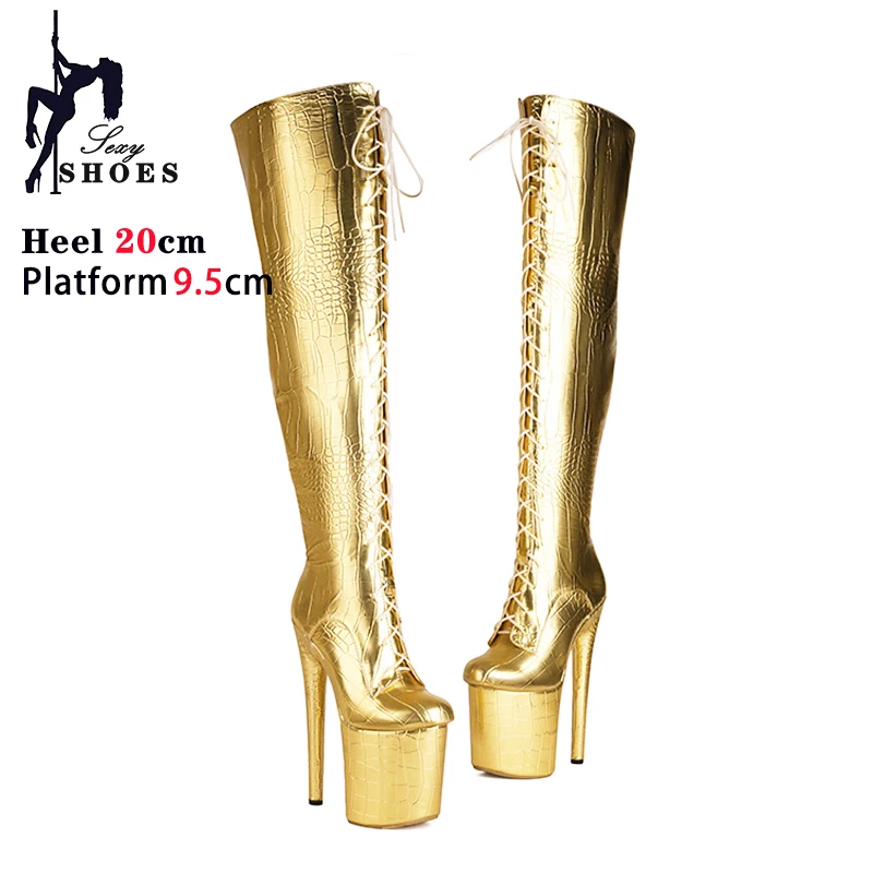 New Shine Gold High Heel Boots Women Platform Booties Sexy Over the Knee Catwalk Shoes 20CM/8Inch Extreme High Heels Long Boots