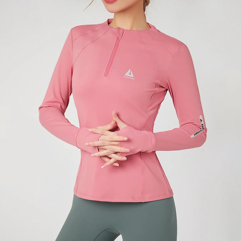 Round neck sports coat women tight fitness top running long-sleeved quick dry Slim zipper yoga clothing fall and winter