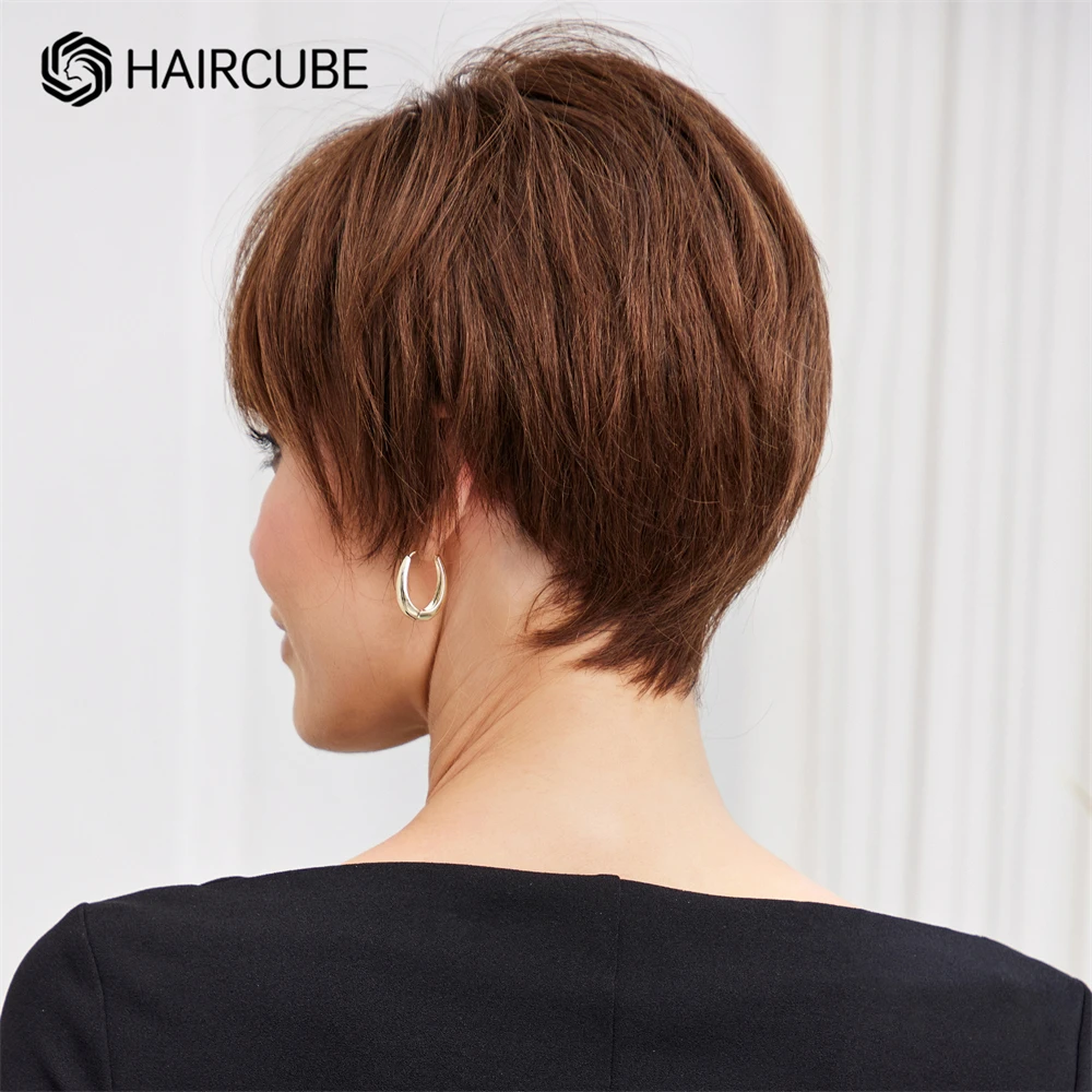 Short Pixie Cut Human Hair Wig Brown Bob HD Lace Frontal Remy Human Hair Wigs with Bangs Natural Straight Layered Wig for Women